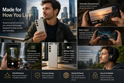 Silver Sony Xperia 1 VI smartphone held by person, front display visible outdoors