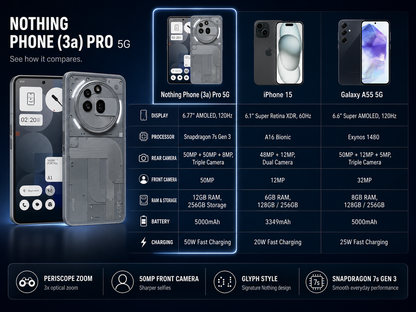 Grey Nothing Phone (3a) Pro 5G smartphone, front and back view, circular camera module