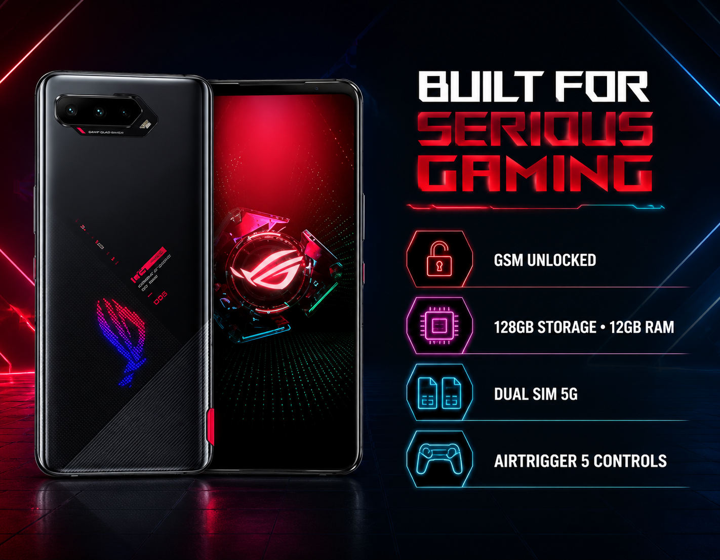 Asus ROG Phone 5 Black smartphone showing front and back views with gaming logo and camera module