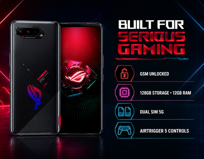 Asus ROG Phone 5 Black smartphone showing front and back views with gaming logo and camera module