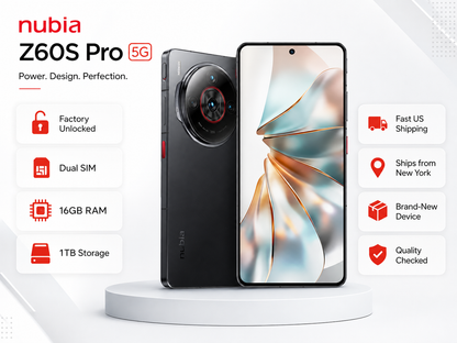 Black Nubia smartphone on round stand, front screen and back camera module visible