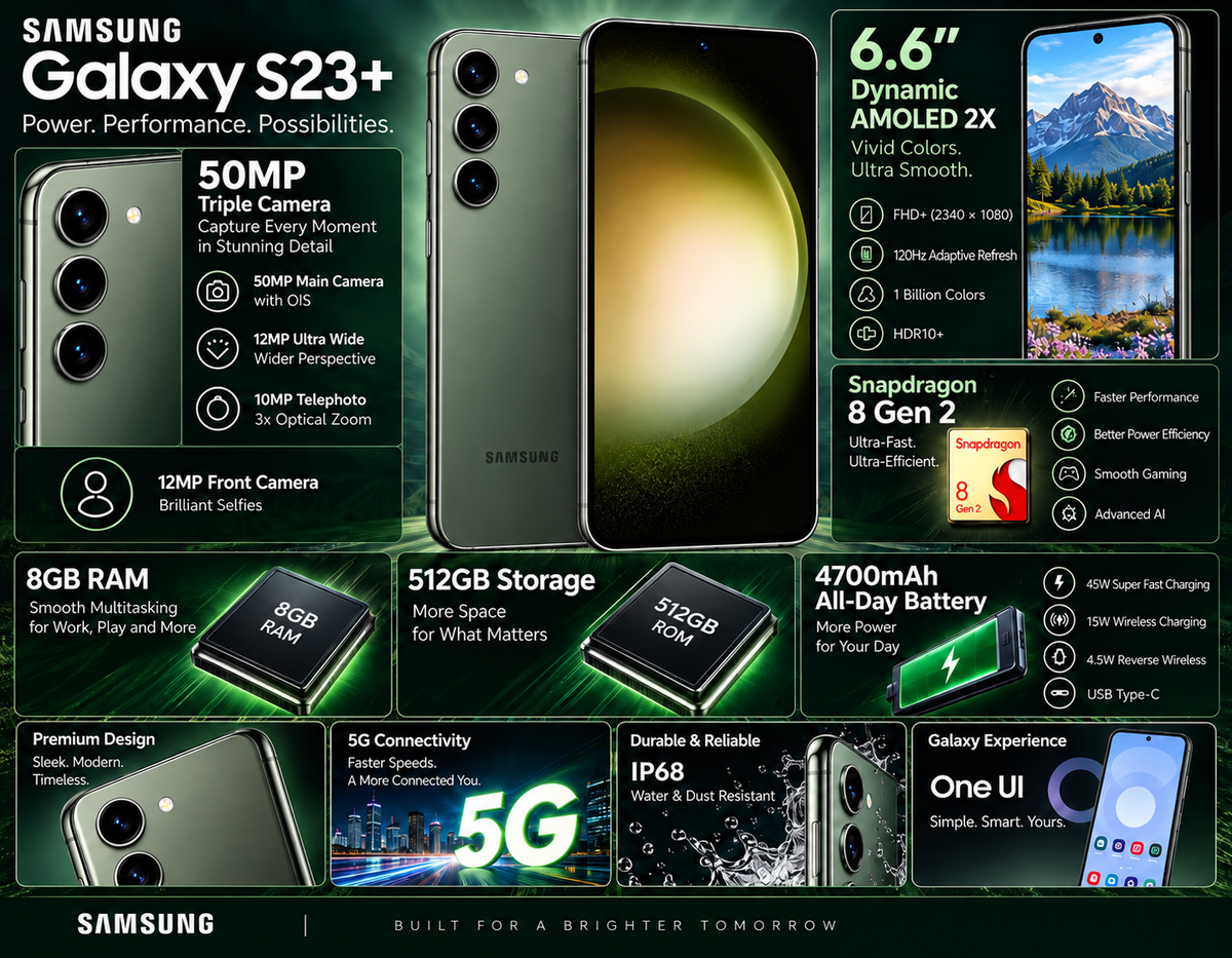 Green Samsung Galaxy S23+ smartphone front and back view with screens on.