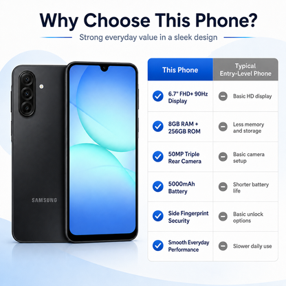 Black Samsung Galaxy A17 smartphone with front display and rear camera module