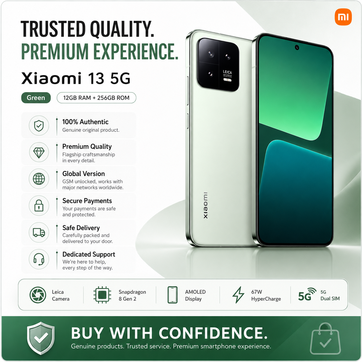 Xiaomi 13 5G Dual SIM 256GB ROM 12GB RAM Global GSM Unlocked - Green