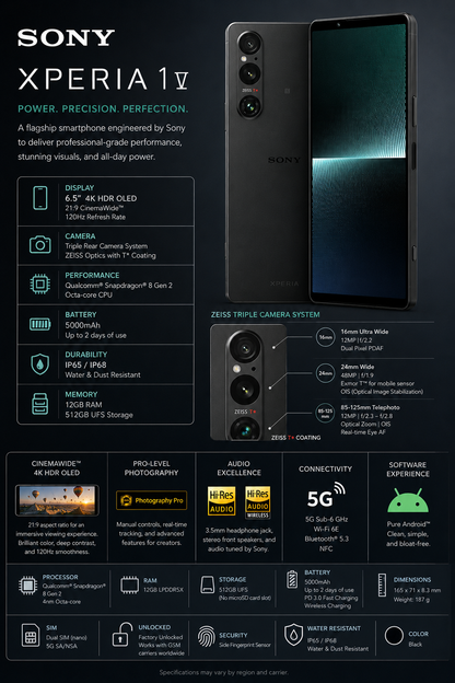 Sony Xperia 1 V 5G XQ-DQ72 Dual SIM 512GB ROM 12GB RAM GSM Unlocked – Black