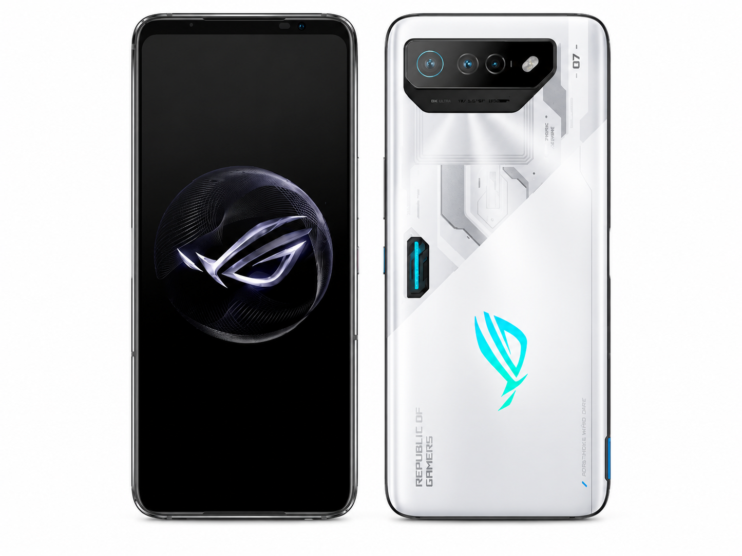 ASUS ROG Phone 7 White gaming smartphone back with ROG logo; black front display, triple rear cameras
