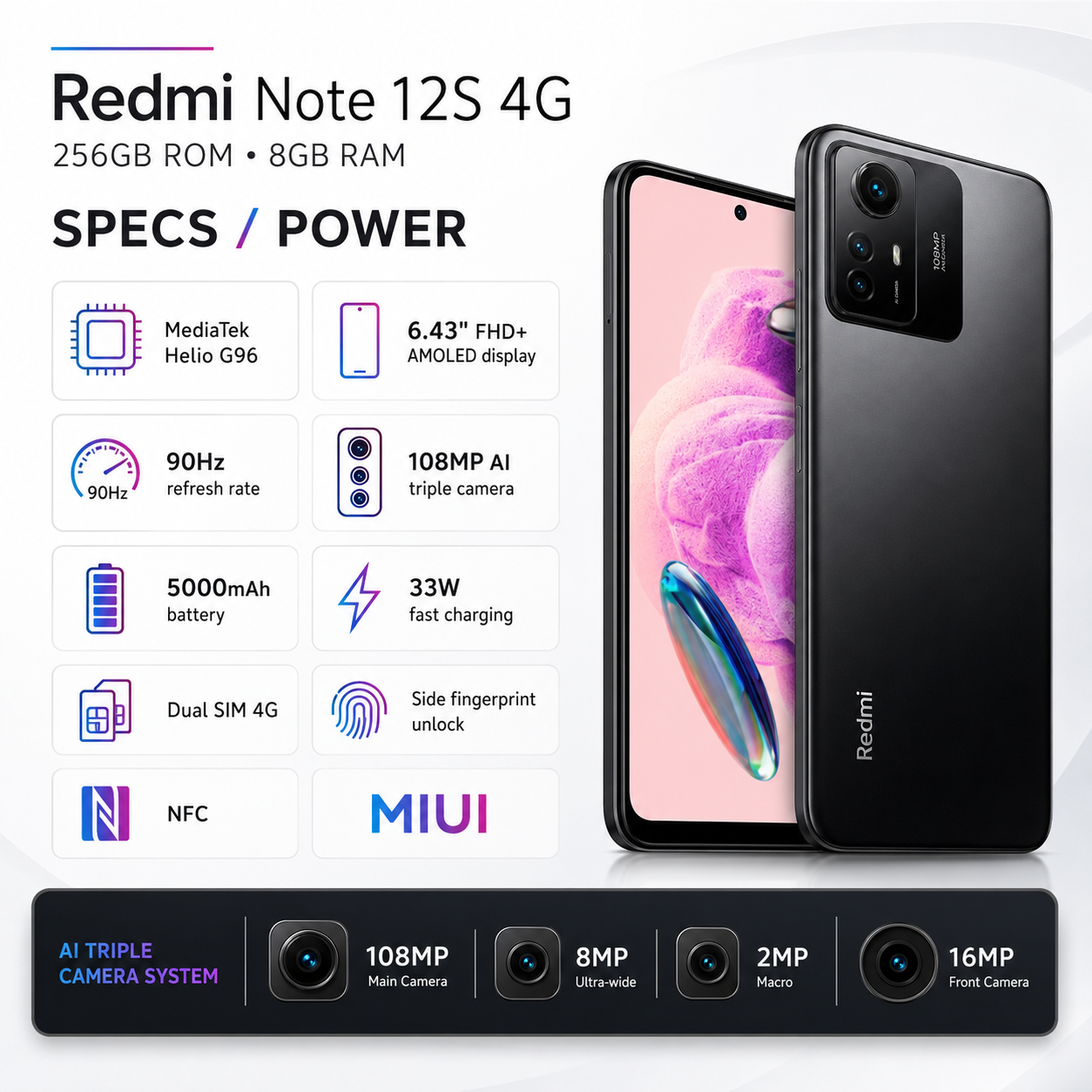 Xiaomi Redmi Note 12s 4G Dual SIM 256GB ROM 8GB RAM GSM Unlocked - Onyx Black