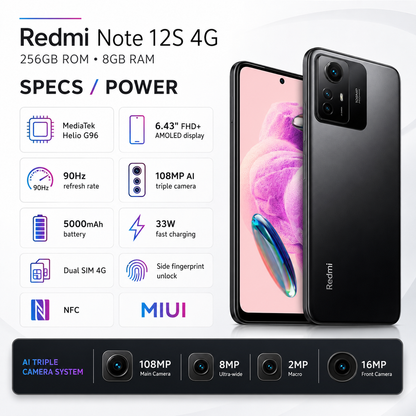 Xiaomi Redmi Note 12s 4G Dual SIM 256GB ROM 8GB RAM GSM Unlocked - Onyx Black