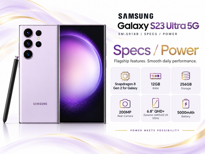Lavender Samsung Galaxy S23 Ultra 5G smartphone standing with S Pen at left