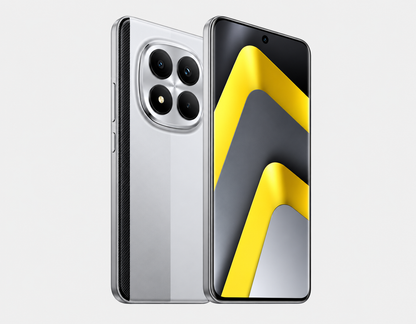 Xiaomi Poco M8 5G  Silver smartphone front and back with triple rear camera and display