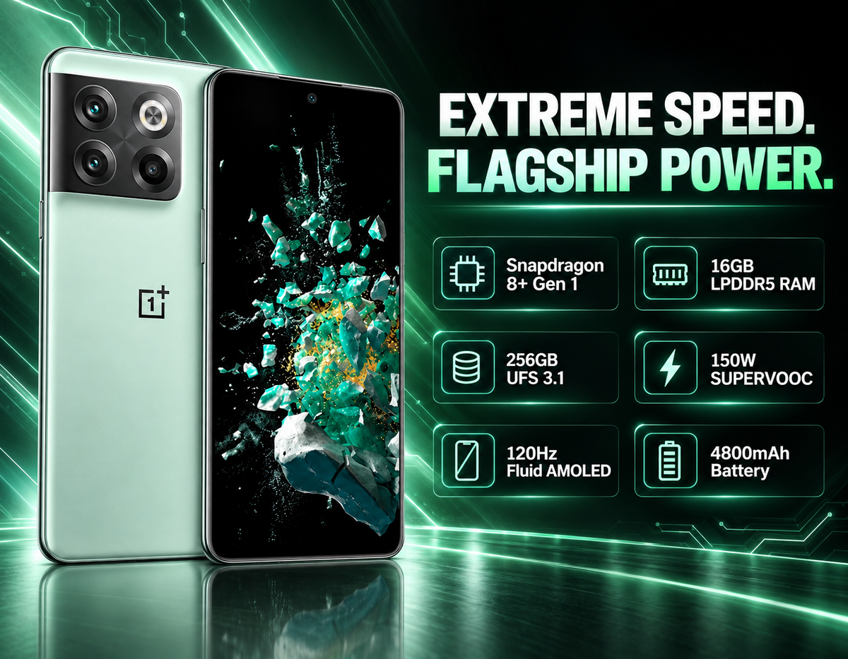 OnePlus 10T 5G Jade green smartphone front and back with illuminated display, dual rear cameras