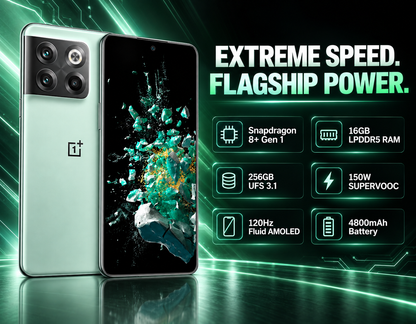 OnePlus 10T 5G Jade green smartphone front and back with illuminated display, dual rear cameras