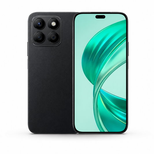 Midnight black HONOR smartphone with teal display, front-right and rear close-up