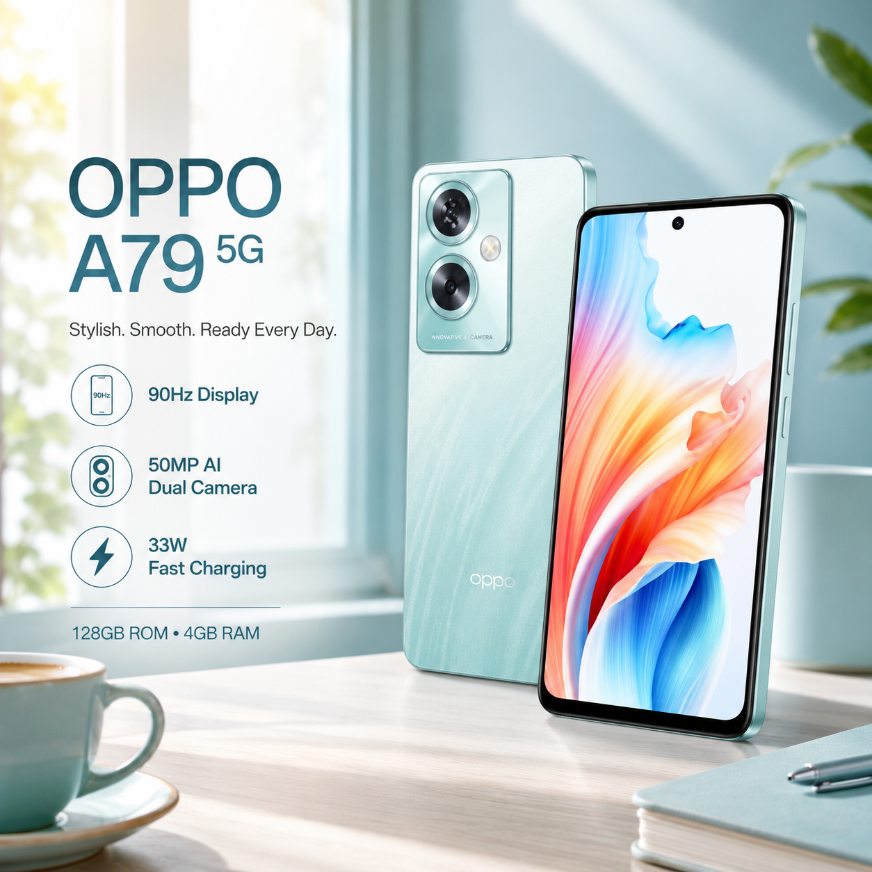 OPPO A79 5G smartphone, Glowing Green back with dual cameras and black-edged front screen