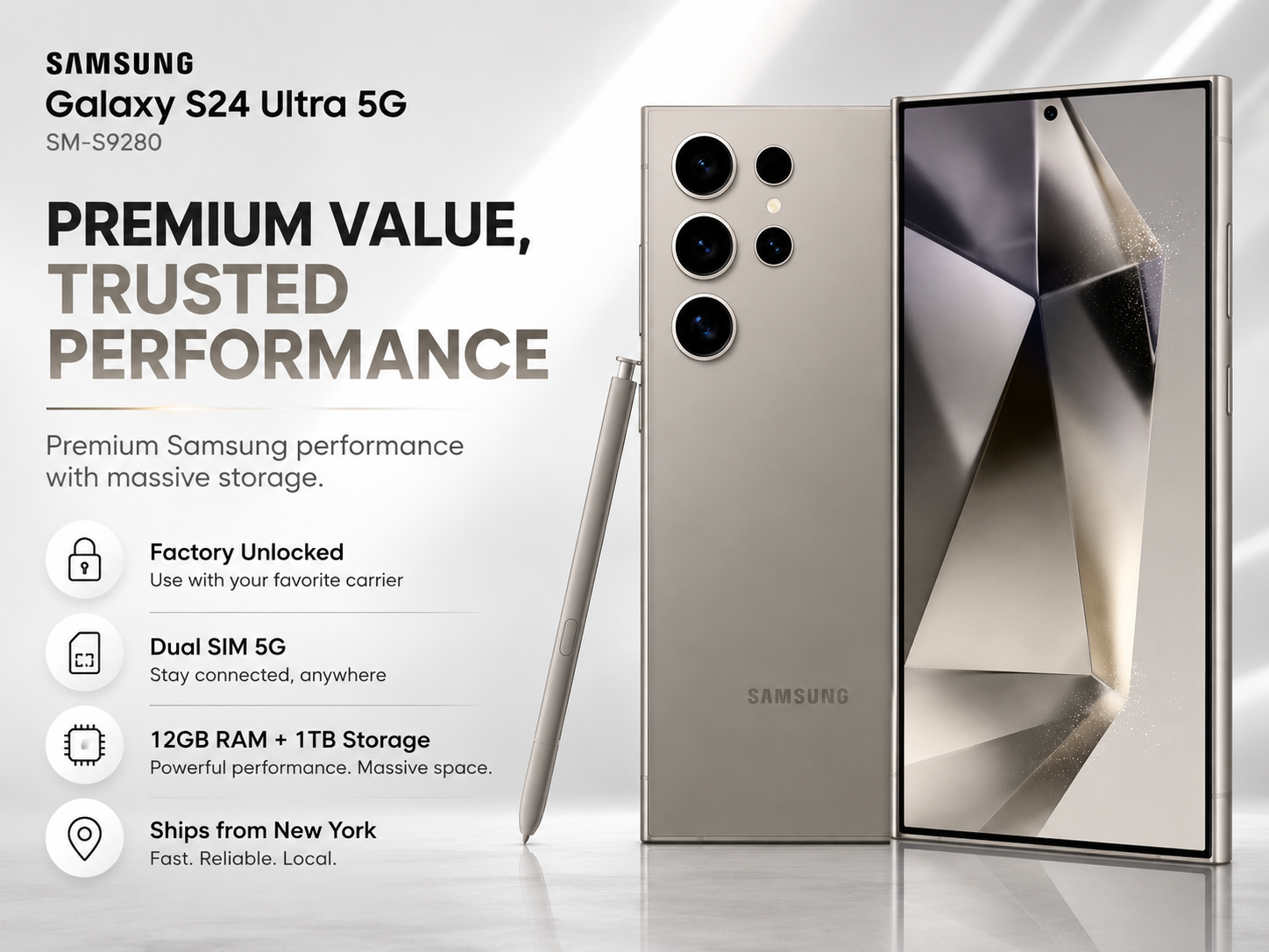 Samsung Galaxy S24 Ultra 5G titanium gray smartphone with S Pen and front/back views