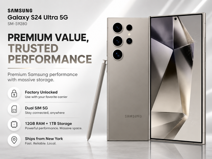 Samsung Galaxy S24 Ultra 5G titanium gray smartphone with S Pen and front/back views