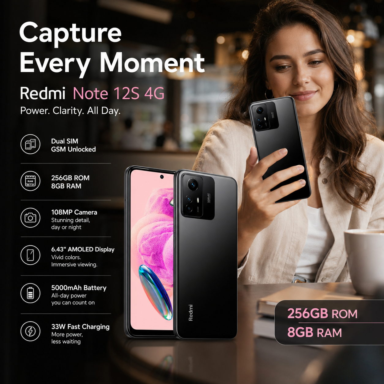 Xiaomi Redmi Note 12s 4G Dual SIM 256GB ROM 8GB RAM GSM Unlocked - Onyx Black