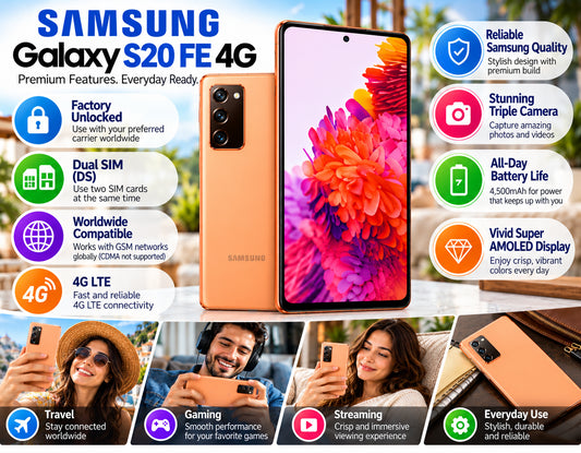 Cloud Orange Samsung Galaxy S20 FE unlocked phone, front and back shown