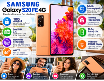 Cloud Orange Samsung Galaxy S20 FE unlocked phone, front and back shown