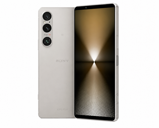 Silver Sony Xperia 1 VI smartphone, front screen and back with triple rear cameras