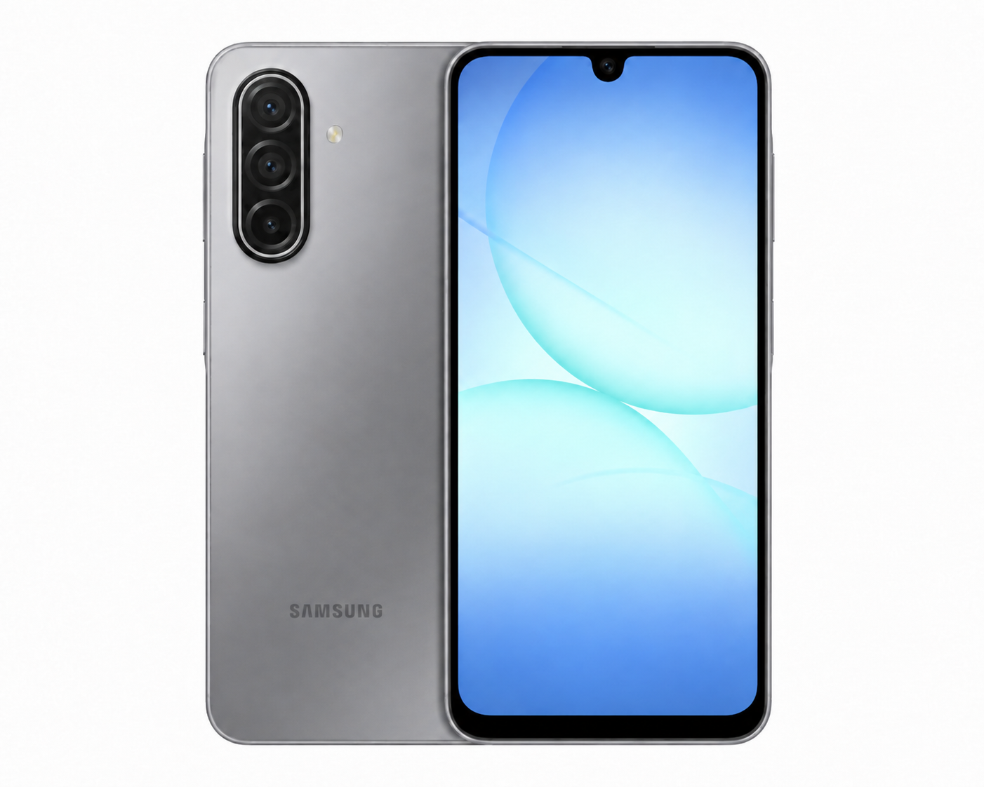 Gray Samsung Galaxy A17 5G smartphone, dual rear cameras, front display