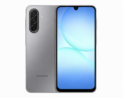 Gray Samsung Galaxy A17 5G smartphone, dual rear cameras, front display