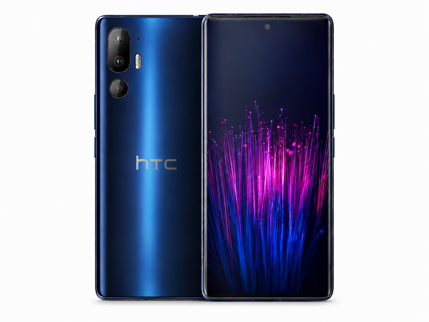 HTC U24 Pro 5G Blue smartphone front and back with dual camera module and HTC logo