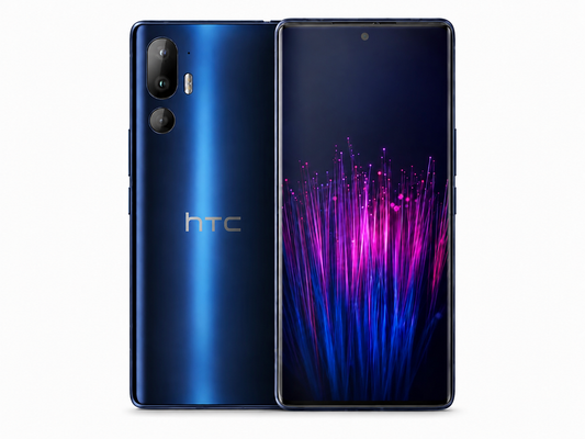 HTC U24 Pro 5G Blue smartphone front and back with dual camera module and HTC logo