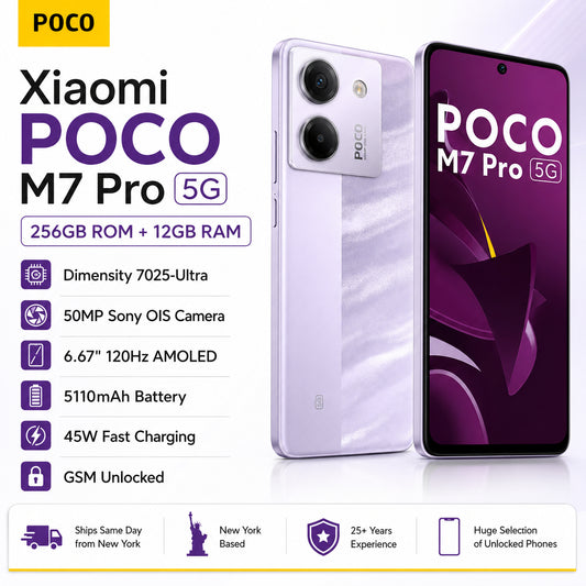 Purple Xiaomi Poco M7 Pro 5G phones on a feature card layout