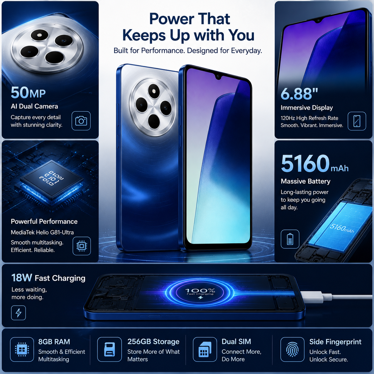 Xiaomi Redmi 14C 4G 256GB ROM 8GB RAM Dual SIM GSM Unlocked - Blue