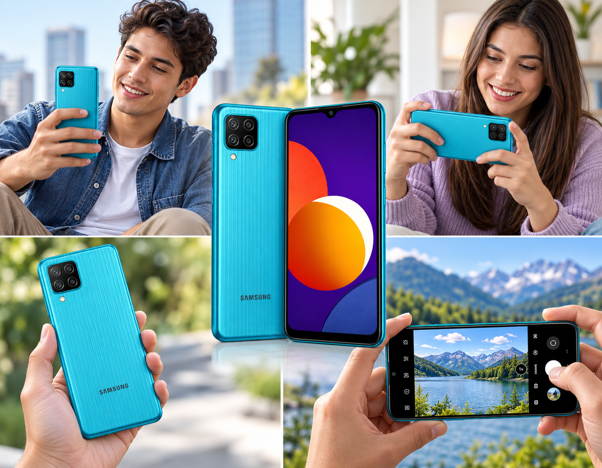 Samsung Galaxy M12 Teal smartphone held by two people, showing purple screen and rear camera