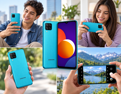 Samsung Galaxy M12 Teal smartphone held by two people, showing purple screen and rear camera