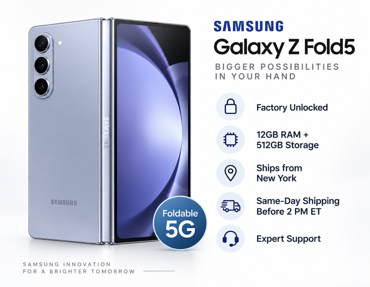 Blue foldable smartphone, Samsung Galaxy Z Fold5 front open and back view