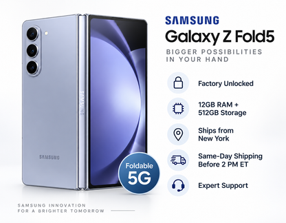 Blue foldable smartphone, Samsung Galaxy Z Fold5 front open and back view