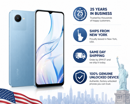 Realme C30s  Blue Realme smartphone with front display on, back camera visible, slim body