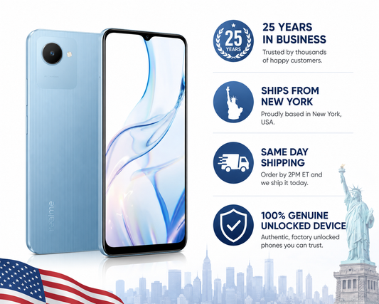 Realme C30s  Blue Realme smartphone with front display on, back camera visible, slim body