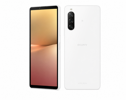 White Sony Xperia 10 V smartphone with triple rear cameras, front and back