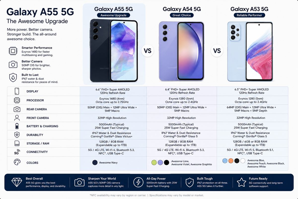 Samsung Galaxy A55 5G Samsung smartphone comparison graphic with multiple device views