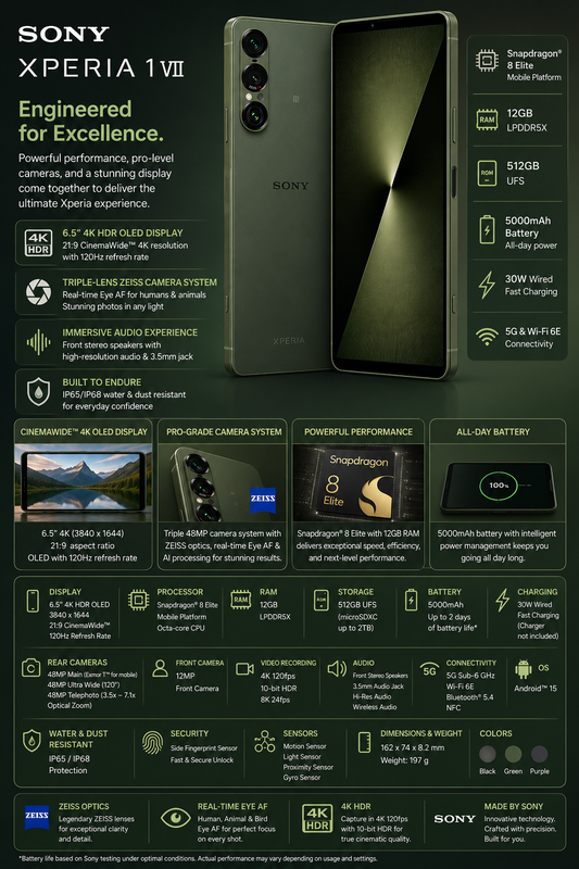 Sony Xperia 1 VII XQ-FS72 5G Dual SIM 512GB ROM 12GB RAM GSM Unlocked - Green