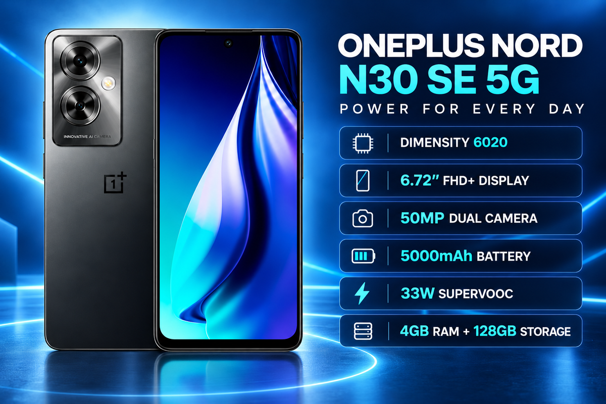 OnePlus Nord N30 SE 5G phone with blue wave wallpaper on front and dual cameras