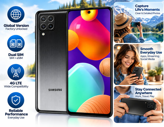 Black Samsung Galaxy M62 smartphone with factory-unlocked dual SIM and 4G LTE icons