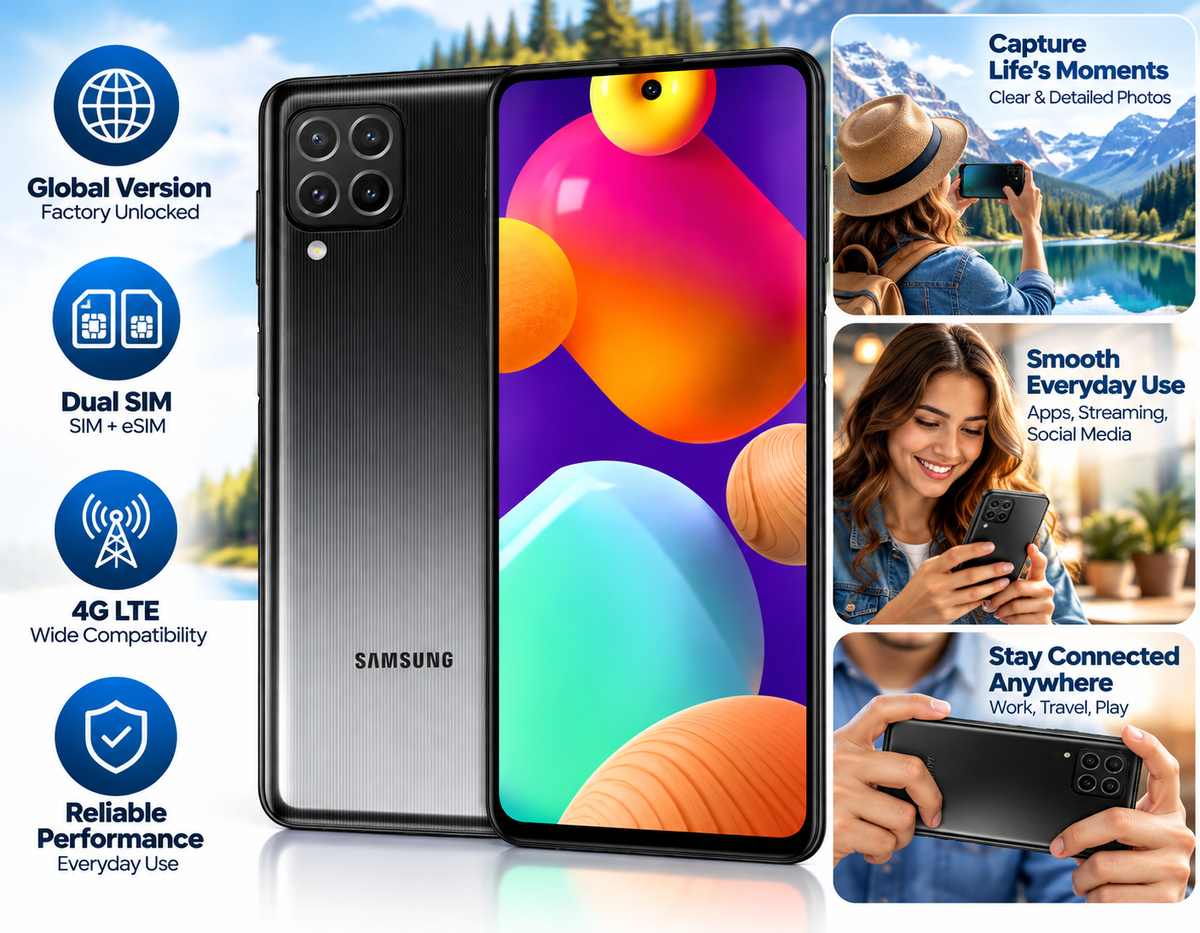 Black Samsung Galaxy M62 smartphone with factory-unlocked dual SIM and 4G LTE icons