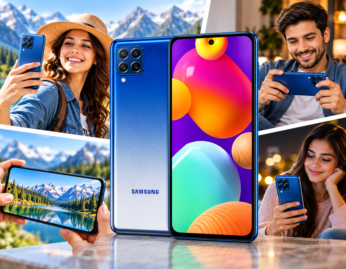 Blue Samsung Galaxy M62 smartphone front and back, with people holding similar phones