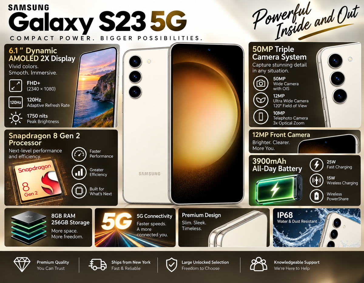 Samsung Galaxy S23 5G Cream smartphone front and back with triple rear cameras, curved display