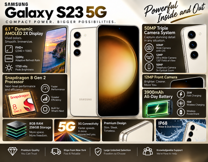Samsung Galaxy S23 5G Cream smartphone front and back with triple rear cameras, curved display