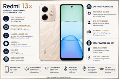 Gold Xiaomi Redmi 13X smartphone with dual rear cameras and front display