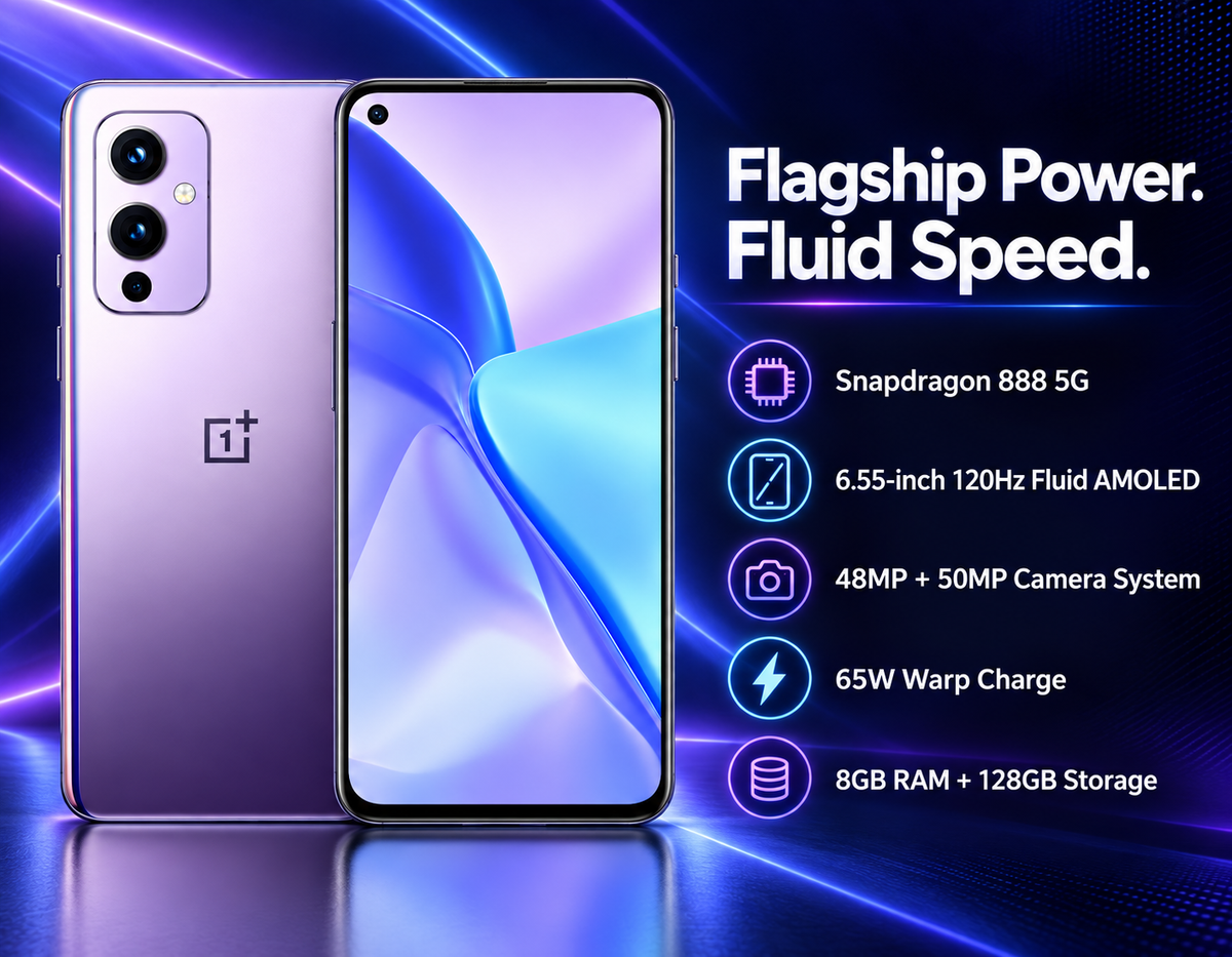 OnePlus 9 5G smartphone in Winter Mist Purple, front screen and rear cameras visible.