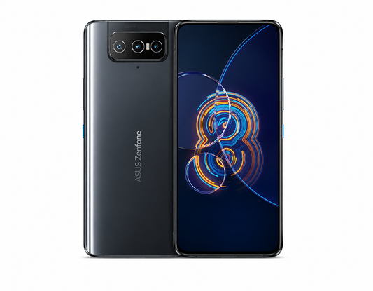 Black Asus Zenfone 8 Flip smartphone with dual rear cameras and flip module