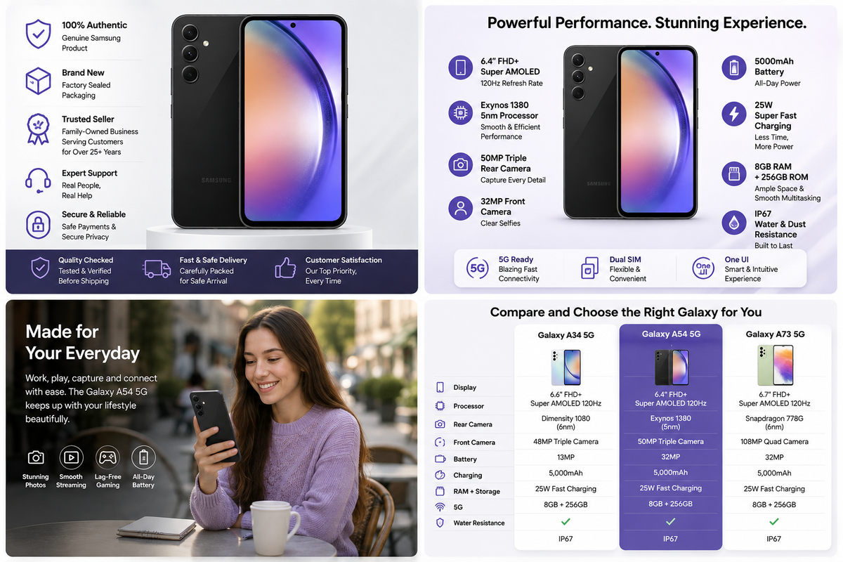 Person holding Graphite Samsung Galaxy A54 5G smartphone with front display visible