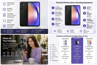 Person holding Graphite Samsung Galaxy A54 5G smartphone with front display visible